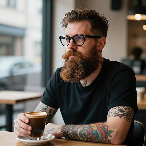 Photograph of a bearded man with tattoos, black glasses, and black t-shirt, sitting at a café table with a coffee.