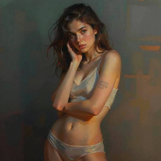 Digital painting of a pale-skinned, dark-haired woman in white lingerie, with a tattoo on her right arm, standing against a dark, blurred background