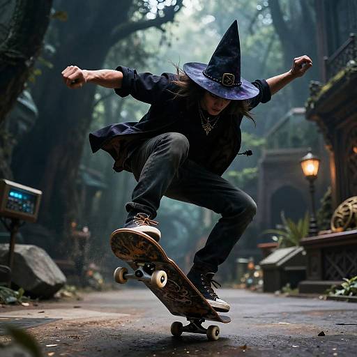 Photograph of a young man in a black outfit and witch hat, skateboarding mid-trick in a mystical, foggy, forest-like alleyway