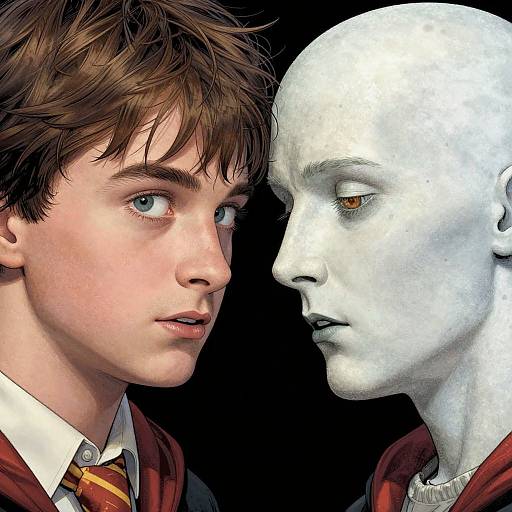 Digital portrait of a young man with brown hair and blue eyes facing a white, featureless, bald-headed figure against a black background.