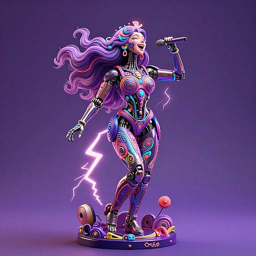 Glowing neon, cyberpunk-style female robot singer with long, wavy purple hair, holding a microphone, surrounded by colorful patterns, lightning bolt
