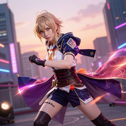 CGI anime-style image of a blonde, androgynous character in a dynamic pose, wearing a navy coat, white shirt, black shorts,