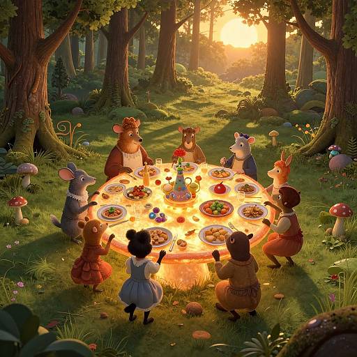 Illustration of anthropomorphic animals having a glowing, enchanted picnic in a sunlit forest, surrounded by mushrooms and trees. Warm, magical light illuminates