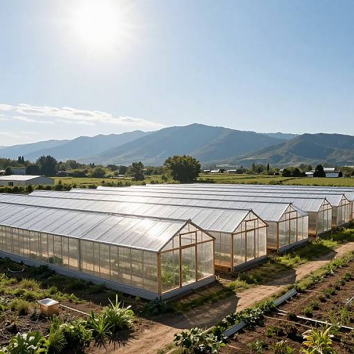 Photograph of a sunlit greenhouse farm with multiple glass-paneled structures, surrounded by lush green fields, and mountainous landscape in the background.