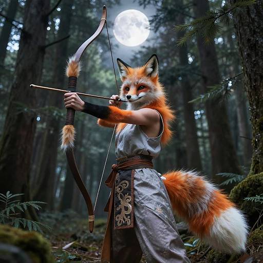 Inari Fox Deity in Moonlit Cedar Forest