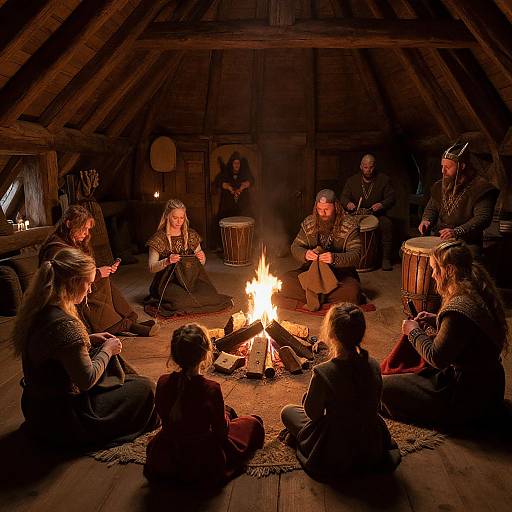 Photograph of a group of eight people, seated around a campfire in a wooden cabin, playing drums and singing in dim, warm light.