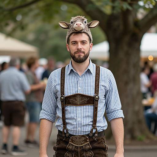 Photograph of a bearded man with a goat hat, wearing a blue checkered shirt and brown leather suspenders, standing outdoors in a blurred,