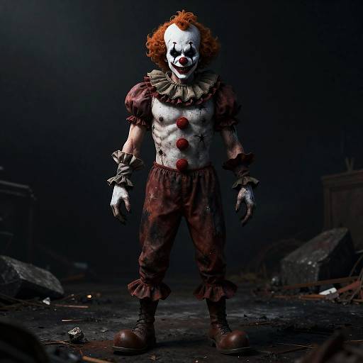 CGI image of a bloodied, white-faced, red-haired clown with tattered clothes, standing in a dark, ruined room. Scary,