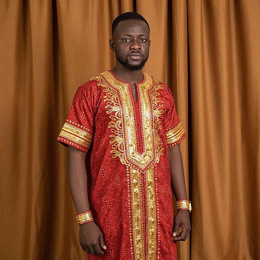 Photograph of a Black man with short hair and beard, wearing a red and gold embroidered traditional African kente cloth tunic, standing against a golden