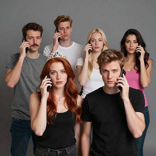 Group of Six People Talking on Phones