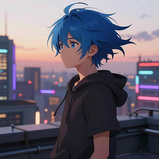 Futuristic Blue-Haired Anime Boy