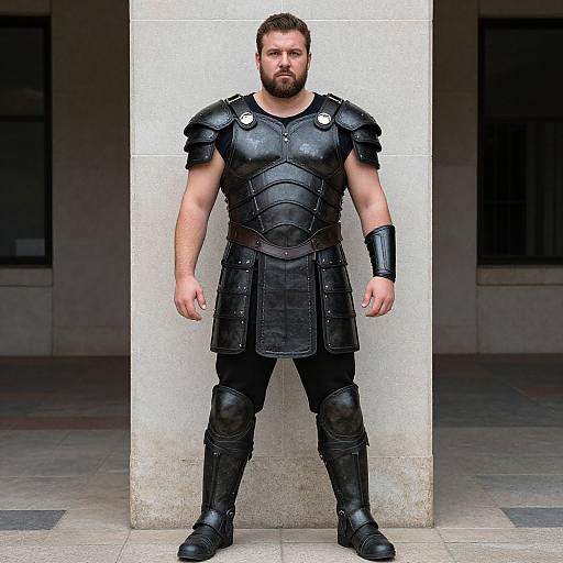 Photograph of a muscular, bearded man in full black gladiator armor, standing confidently against a stone column, with a modern building background.