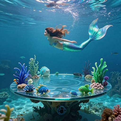 Photograph of a mermaid with a shimmering green and blue tail swimming above a vibrant, underwater aquarium with colorful coral, fish, and a glass
