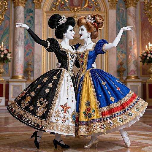 Digital art of two elegant women in ornate, colorful ball gowns, dancing in an opulent, gold-accented ballroom with floral back