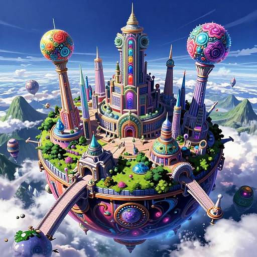Whimsical, colorful floating castle with vibrant towers, greenery, and floating orbs, set against a cloudy sky with mountainous landscape below. Digital