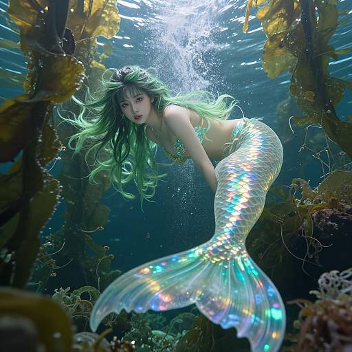 Digital artwork of a green-haired mermaid with iridescent scales, swimming underwater through a vibrant, sunlit coral reef.