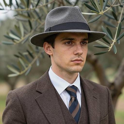 Man in Brown Suit and Gray Fedora Outdoors