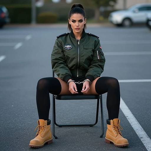 Photograph of a confident woman with dark hair in a high ponytail, wearing a green military jacket, black thigh-high stockings, and tan combat boots