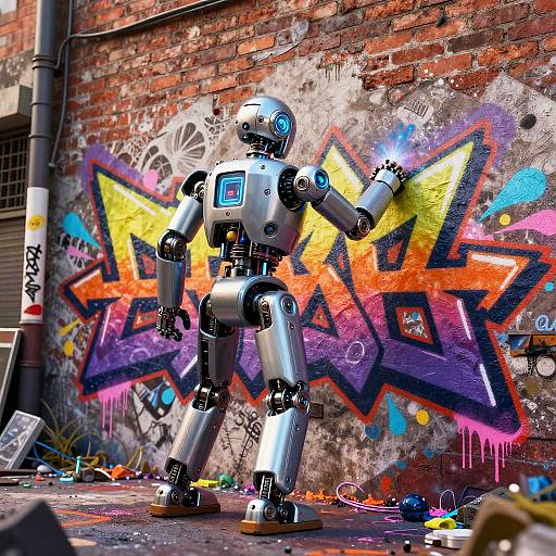 Photorealistic CGI of a silver robot with blue accents, standing against a vibrant graffiti-covered brick wall, holding a spray can.