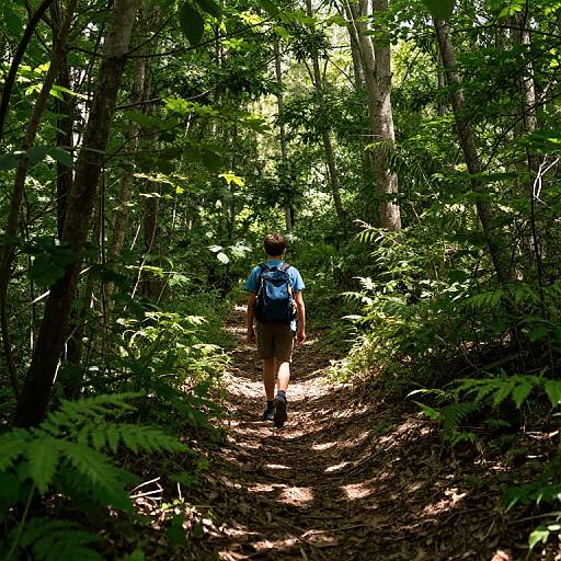 Photograph of a hiker with a blue backpack, wearing a hat and brown pants, walking down a sunlit forest path. Dense green foliage surrounds