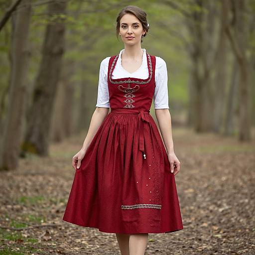 Woman in Vibrant Midi Dirndl in Forest