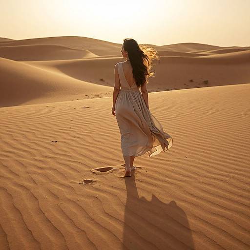 Photograph of a woman with long dark hair in a flowing white dress walking through a sunlit, golden desert with rippled sand dunes at sunset