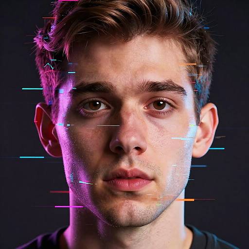 Digital portrait of a young man with light skin, brown hair, and serious expression, illuminated by colorful, glitch-like lines against a dark background.