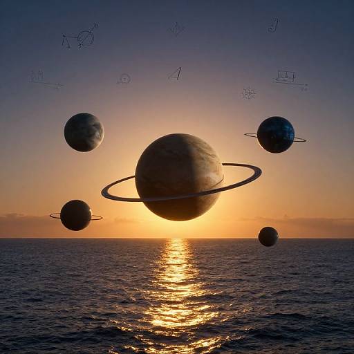 Digital art of a sunset over a calm ocean, featuring silhouetted planets with rings, and scientific doodles in the sky.