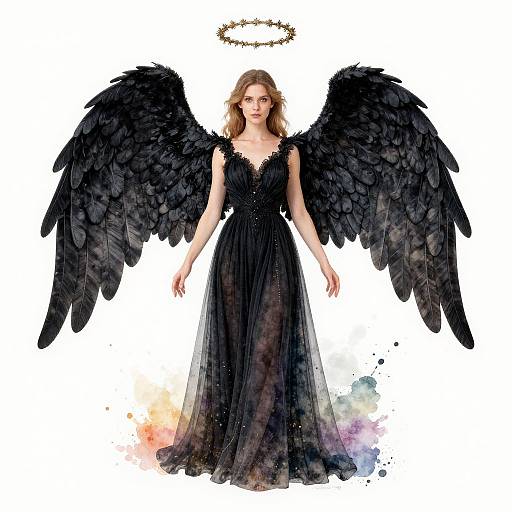 Digital illustration of a blonde angel with large black wings, wearing a flowing black dress, halo above head, white background.