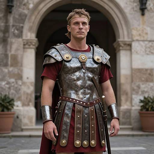 Photograph of a young man with short blond hair, wearing a Roman-style silver armor and red tunic, standing in front of an arched stone