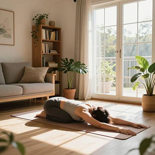 Photograph of a woman in a gray tank top and black pants, stretching on a yoga mat in a sunlit living room with potted plants and