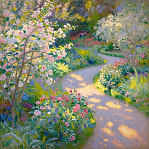 Vibrant, impressionist-style painting of a sunlit garden path winding through colorful blooming flowers, with soft, dappled light and lush