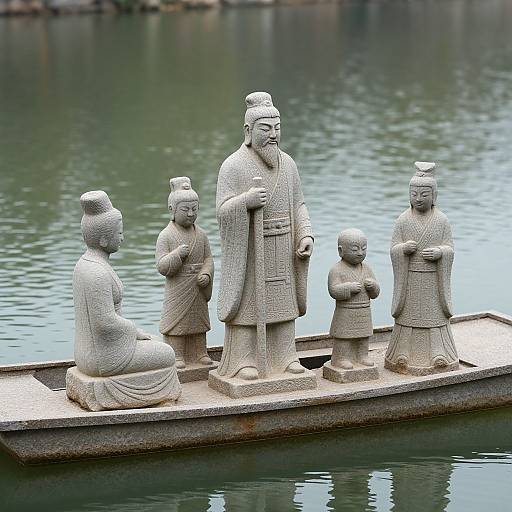 Photograph of five stone statues of ancient Chinese figures in traditional attire, seated in a boat on a calm, reflective pond.