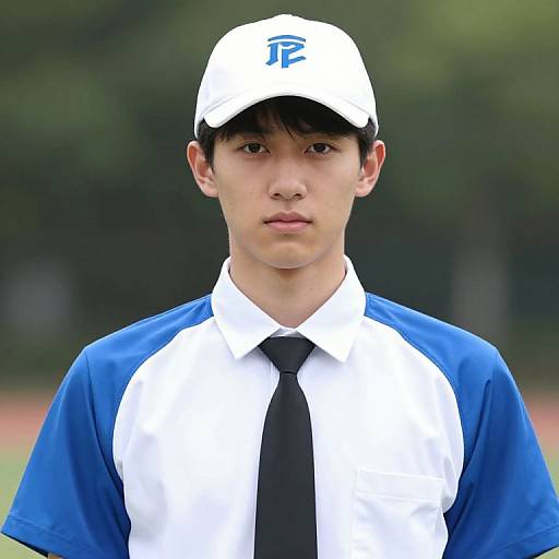 Photograph of an Asian teenage boy with short black hair, wearing a white and blue baseball shirt, black tie, and white cap with blue 