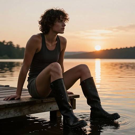 Photograph of a curly-haired woman in a dark tank top and shorts, wearing black boots, sitting on a wooden dock at sunset, gazing at