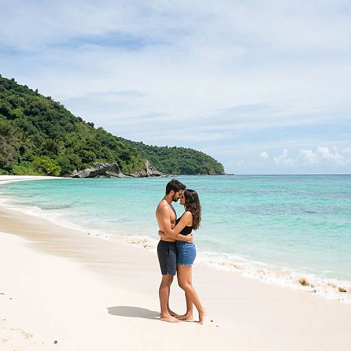 Photograph of a couple embracing on a sunny tropical beach, with clear turquoise water and lush green hills in the background.