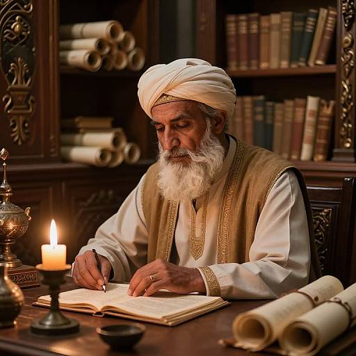Photograph of an elderly Indian man with a white beard and turban, reading a book by candlelight in a richly decorated library.