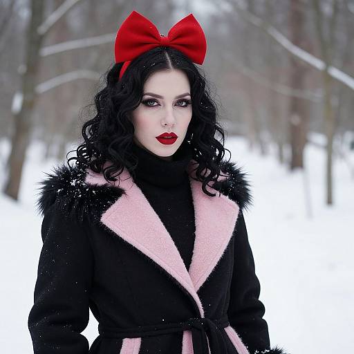 Photograph of pale-skinned woman with black curly hair, red bow, bold red lipstick, black fur-trimmed pink and black coat, standing
