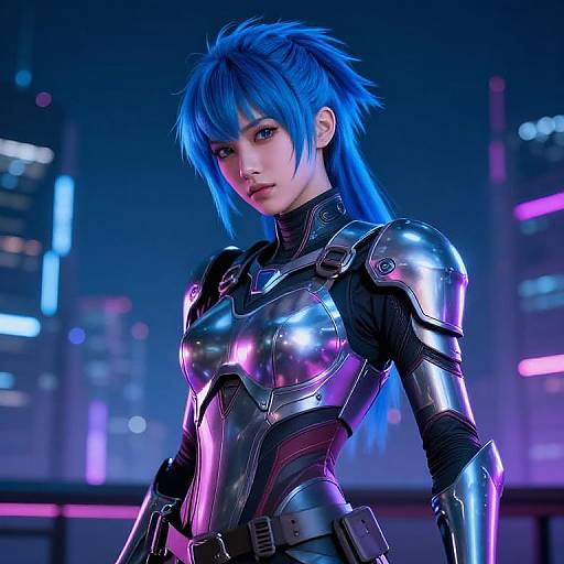 CGI image of a blue-haired woman in shiny, metallic cyber armor, standing in a neon-lit, futuristic cityscape at night.