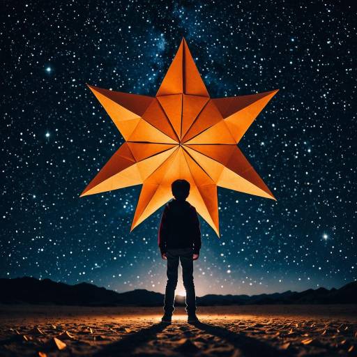Boy Standing by Enormous Origami Star Under Starry Sky