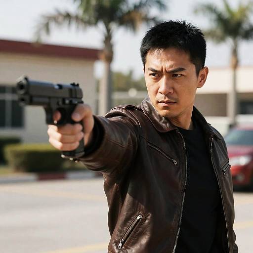 Asian Man Aiming Handgun Outdoors