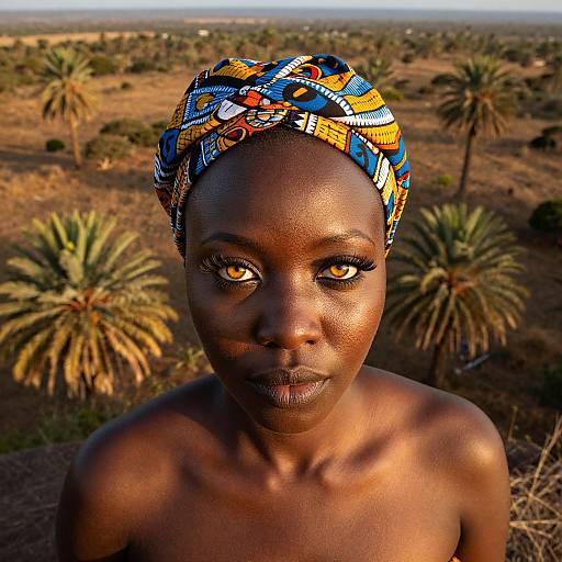 Photograph of a dark-skinned African woman with golden-brown eyes, wearing a colorful patterned headwrap, topless, against a sunlit
