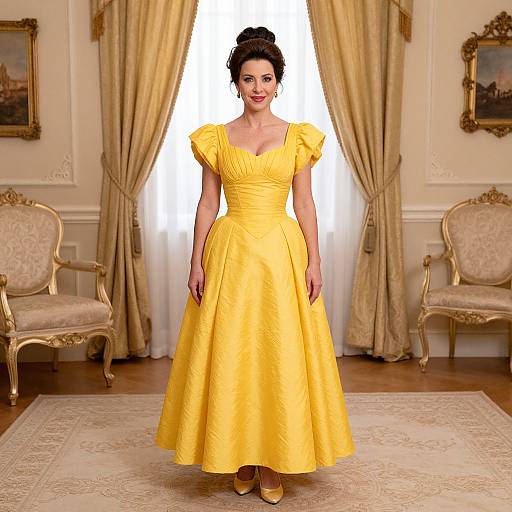 Photograph of a smiling woman in a bright yellow, puffy-sleeved, knee-length dress, standing in an elegant, cream-colored room with