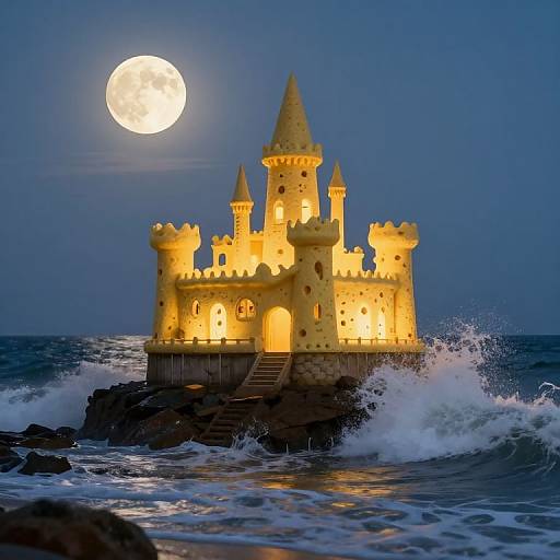 Photograph of a glowing, yellow, castle-shaped model illuminated by moonlight, standing on rocky ocean waves with a full moon in the night sky.