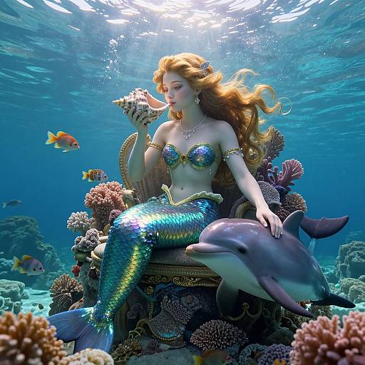 Photorealistic underwater image of a beautiful mermaid with flowing red hair, blue-green scales, and gold jewelry, examining a shell, seated on a