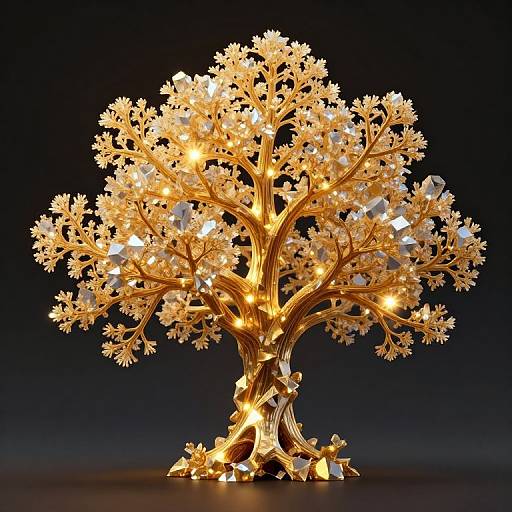 Golden, intricately detailed tree sculpture with glowing lights, set against a dark background, featuring crystalline leaves and twisted trunk. Photorealistic CGI.