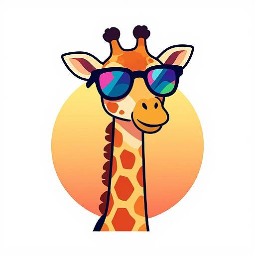 Cartoon giraffe with orange spots, blue reflective sunglasses, and a cheerful expression, set against a pink-orange sunburst background. Digital illustration.