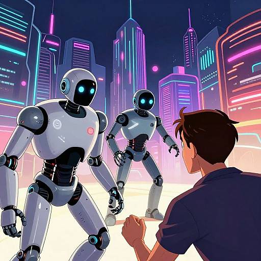 Digital artwork: Neon-lit futuristic cityscape, two glowing blue-eyed robots facing a brown-haired man in a dark shirt, city skyscrapers illuminated