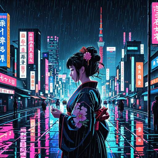Cyberpunk Geisha in Neon Tokyo Rain