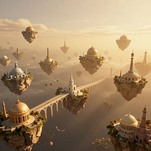 Fantastical CGI scene of floating, ancient domed islands with grand arches and spires, bathed in golden sunset light, surrounded by mist